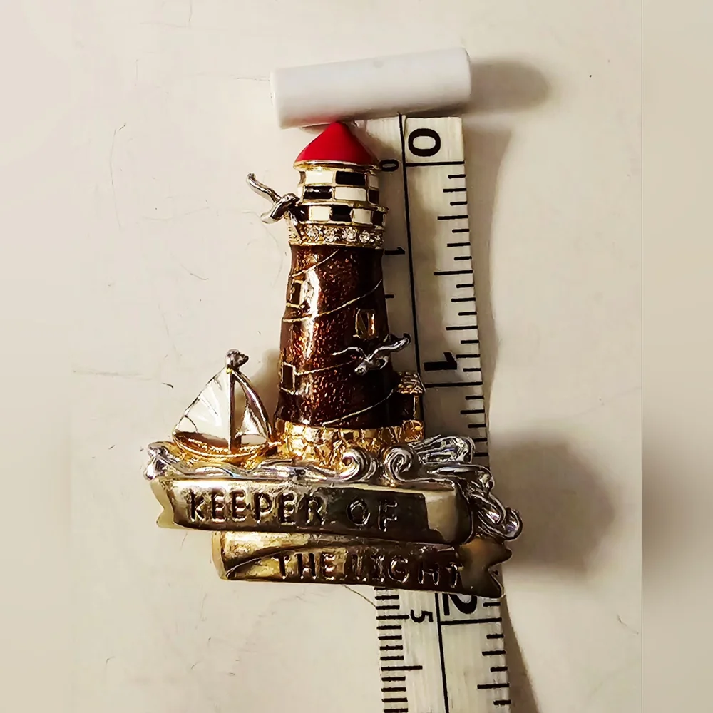 Lighthouse Scene With Water, Boat And Bird Red, Gold, Silver, Brown Brooch